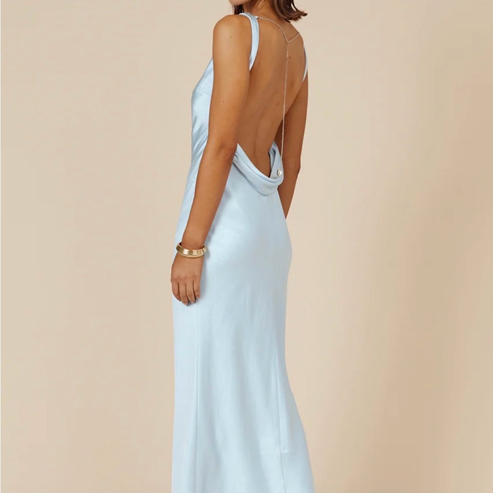 Light Blue Backless Satin Slip Dress with Cowl Back and Rhinestone